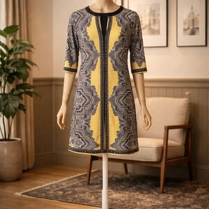 Sandra Darren Yellow and Gray Paisley Midi Dress